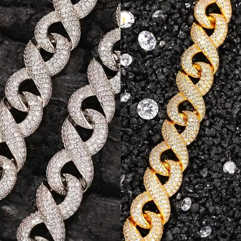 Moissanite Sterling Silver Cuban Link Chain and Bracelet Miami Hip Hop Cuban Necklace Chain Customized Chain for Men Women