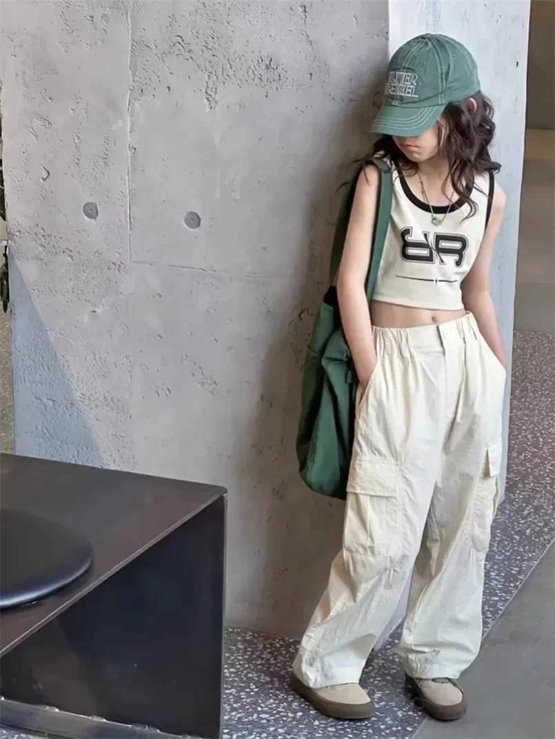 Teenage girl cargo pants childrens fashionable casual pocket design loose Trouser childrens sports pants streetwear pants fashionable and cool 5-14YT2
