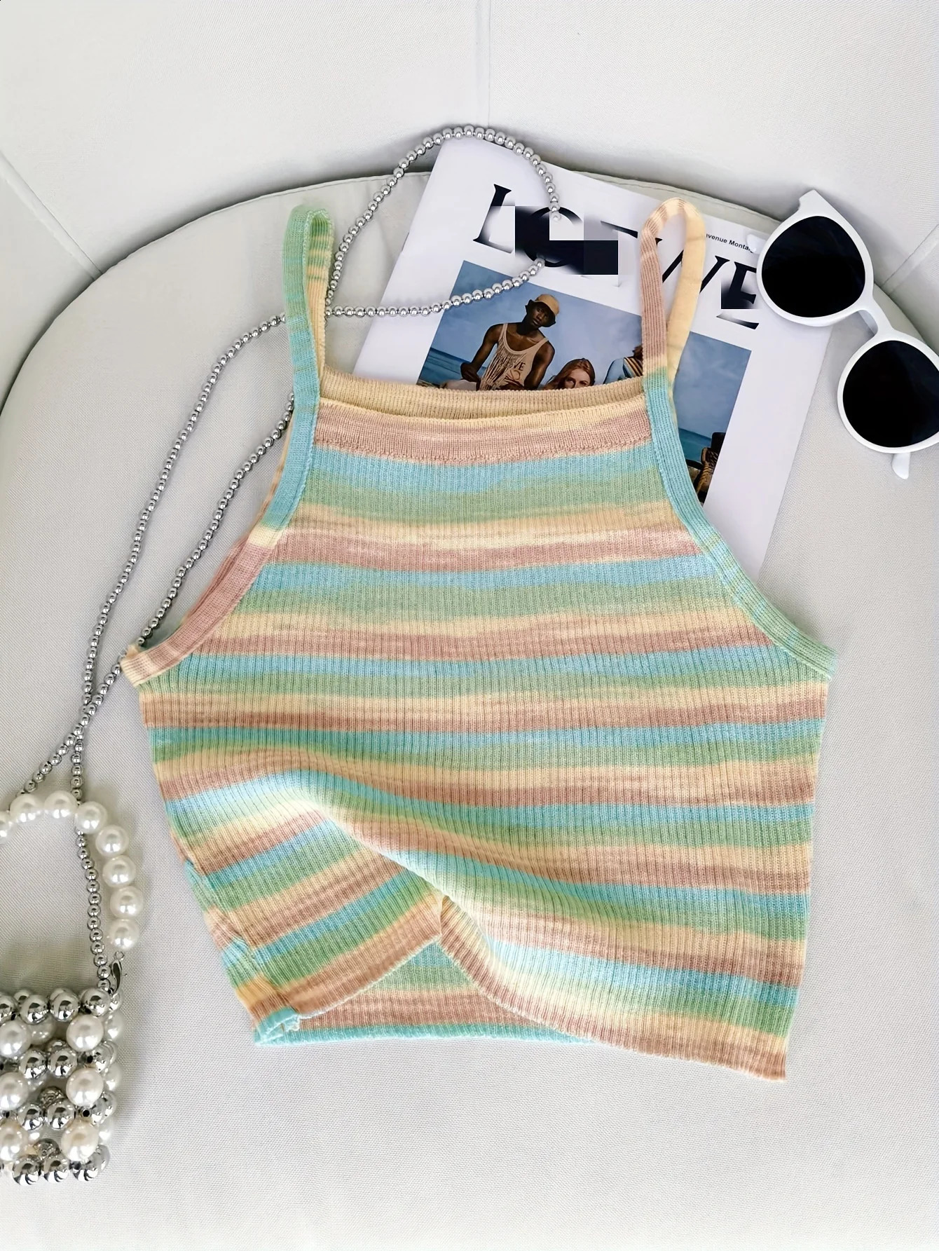 2024 Comfortable and Stylish Striped Ribbed Knit Cami Top for Women Sleeveless Square Neck Casual Rainbow Crop 250311Z