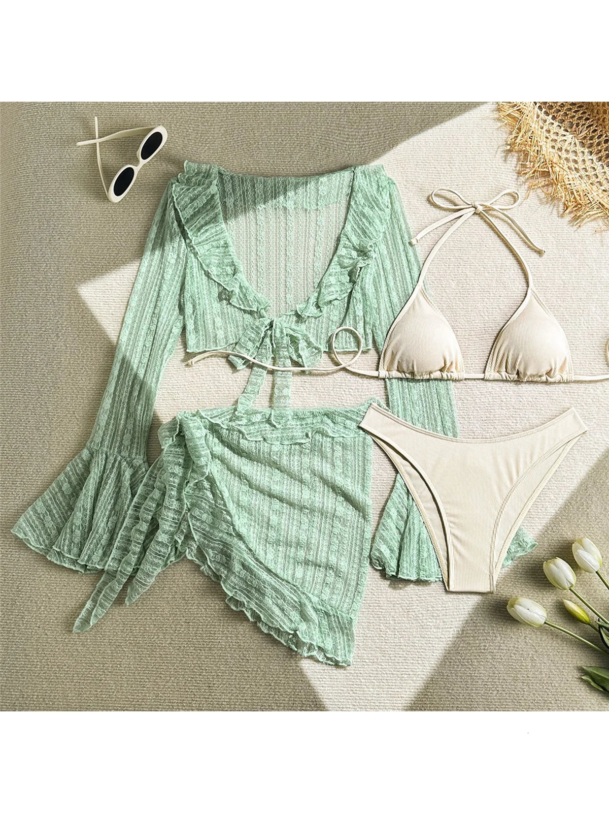4-piece hanger with Sarong long sleeved bikini womens swimsuit womens swimsuit 4-piece bikini set bathroom swimsuit V6338B 250314