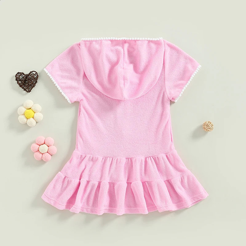 Yiiciovy Summer Kids Girls Swim Hooded Cover Up Terry Bathing Suit Beach Cover-Up Short Sleeve Zip Up Beach Dress for Kids 250319
