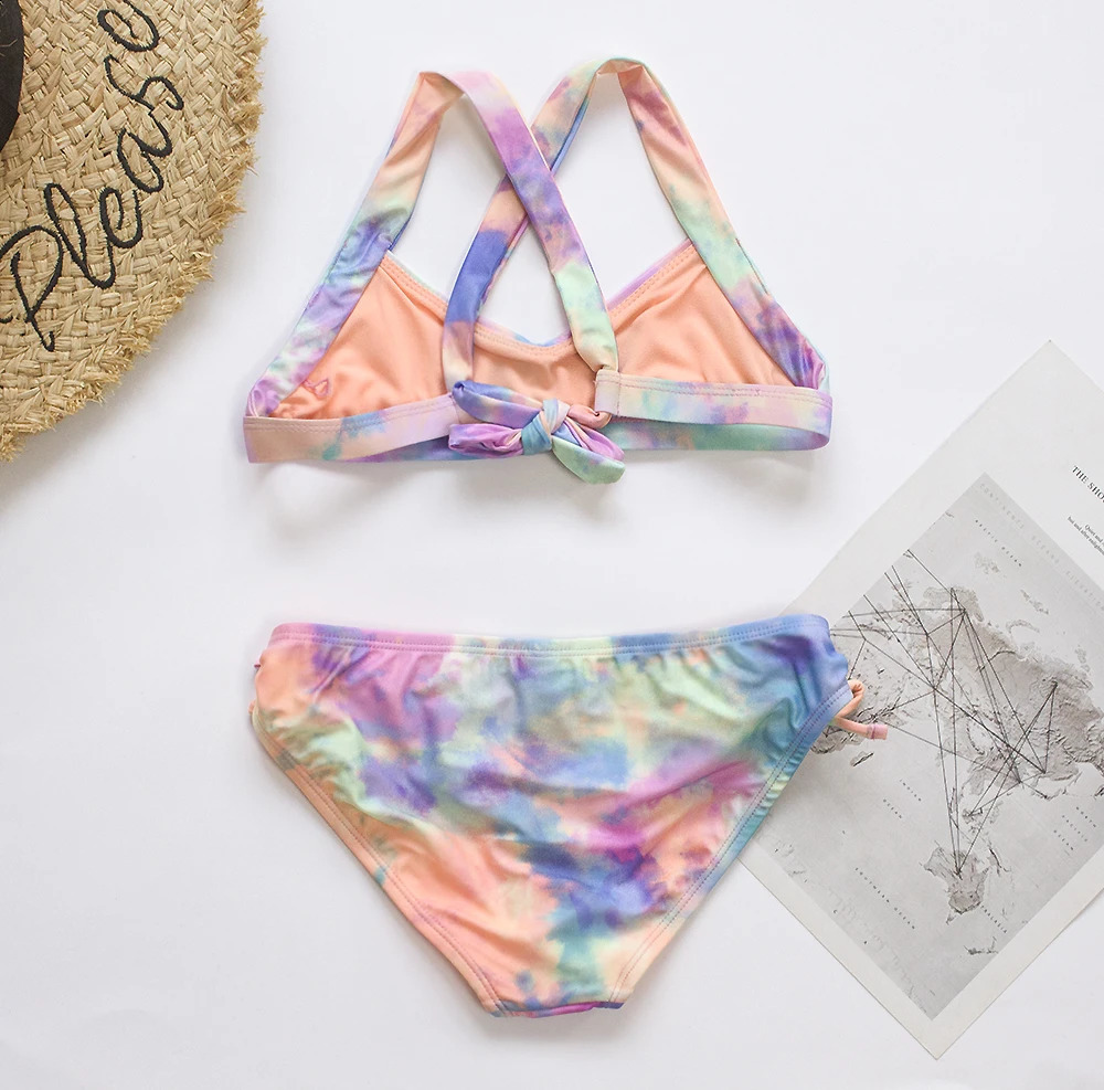 Teenage girl bandage bikini set tie dye print summer childrens swimsuit student twopiece 250319