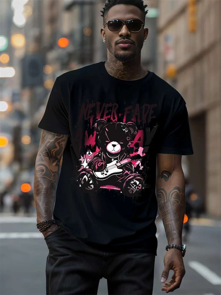 Hip-Hop Style Cartoon Bear Print T-Shirt Summer Casual Everyday Top Urban Street Fashion Men's Oversized Short Sleeve Tees