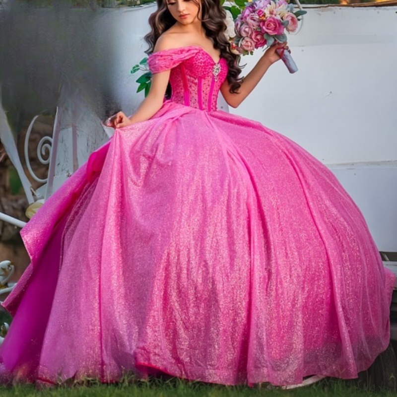 Rose Red Shiny Off Shoulder Quinceanera Dresses Beads Bow Tull Party Birthday Sweet 16 Dress Vestidos 15 De anos
