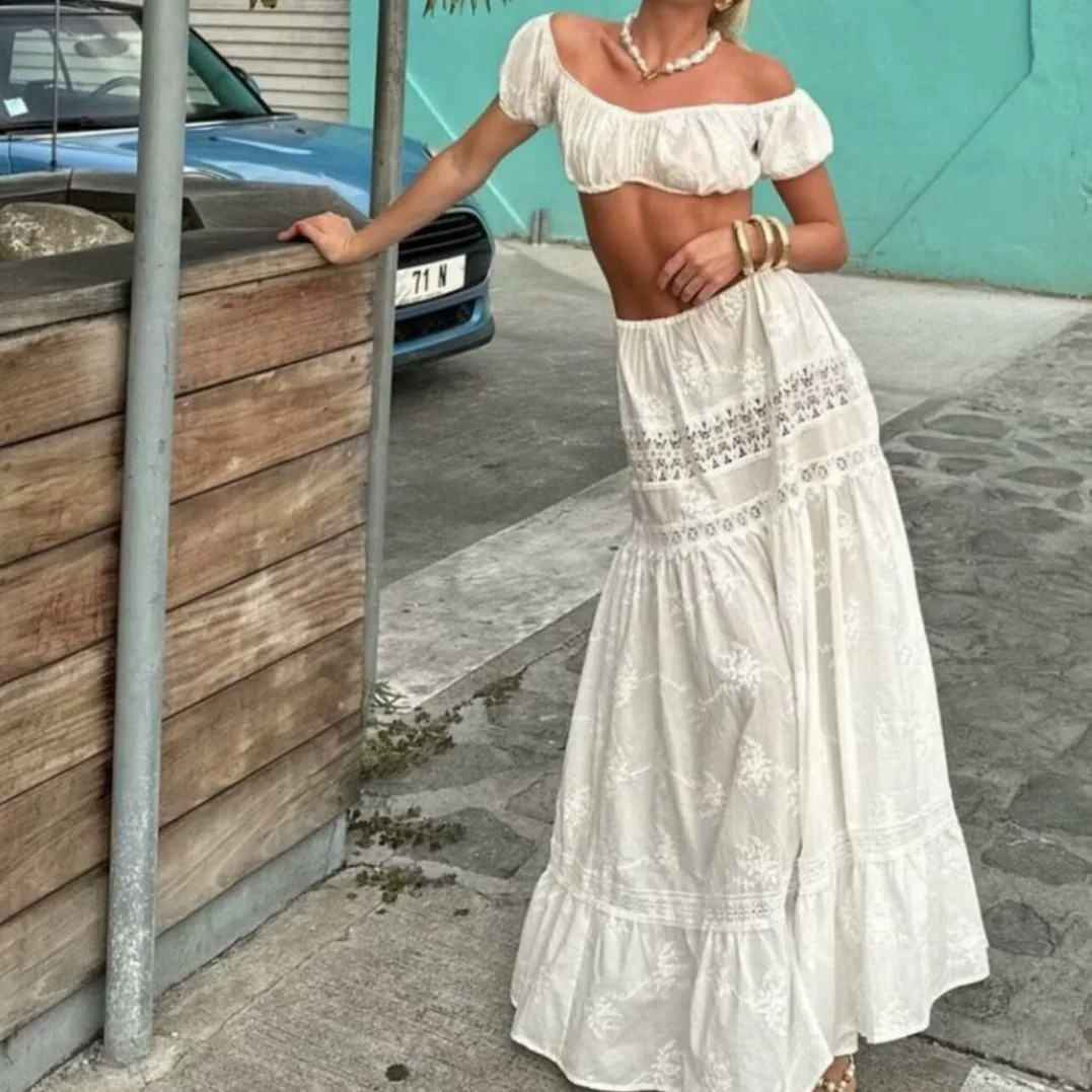 Boho Inspired Sexy Elegant Women Lace Embroidery White Long Skirt Vintage Elastic Waist A-line Summer Holiday maxi Skirts 250318