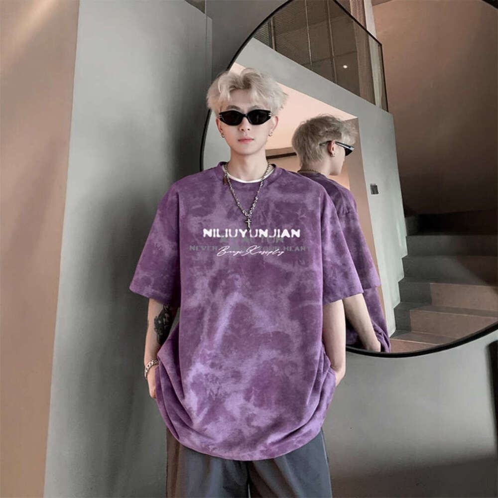 American tie dye short men in the summer of 2025, new style, cool and trendy brand, loose half sleeved T-shirt for teenagers