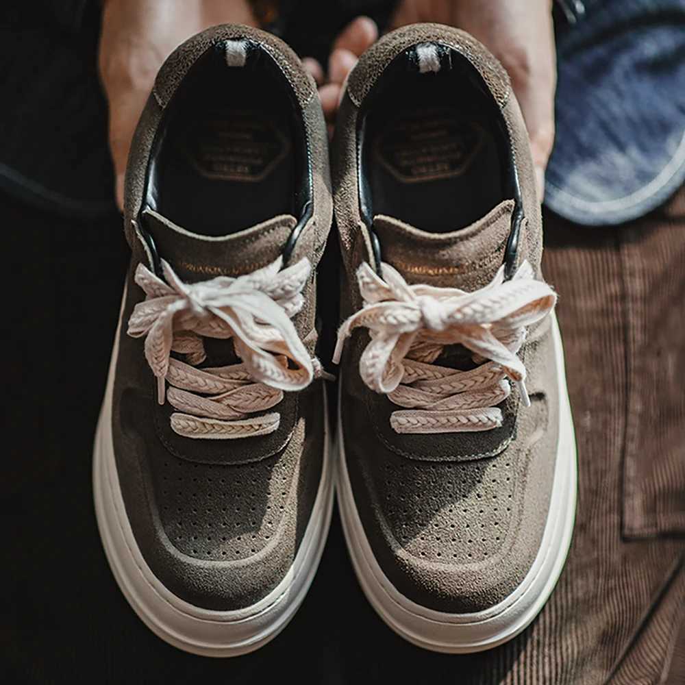 Maden Vintage Genuine Leather Shoes Low Top Trendy Shoes for Men Thick Soles Versatile Casual Increase Height Green Board Shoes Y250318