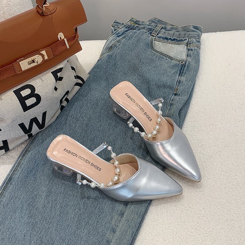 High heels, single shoes, pearl toe sandals, summer thick heels, straight strap slippers, women's outerwear, pointed half drag 2025
