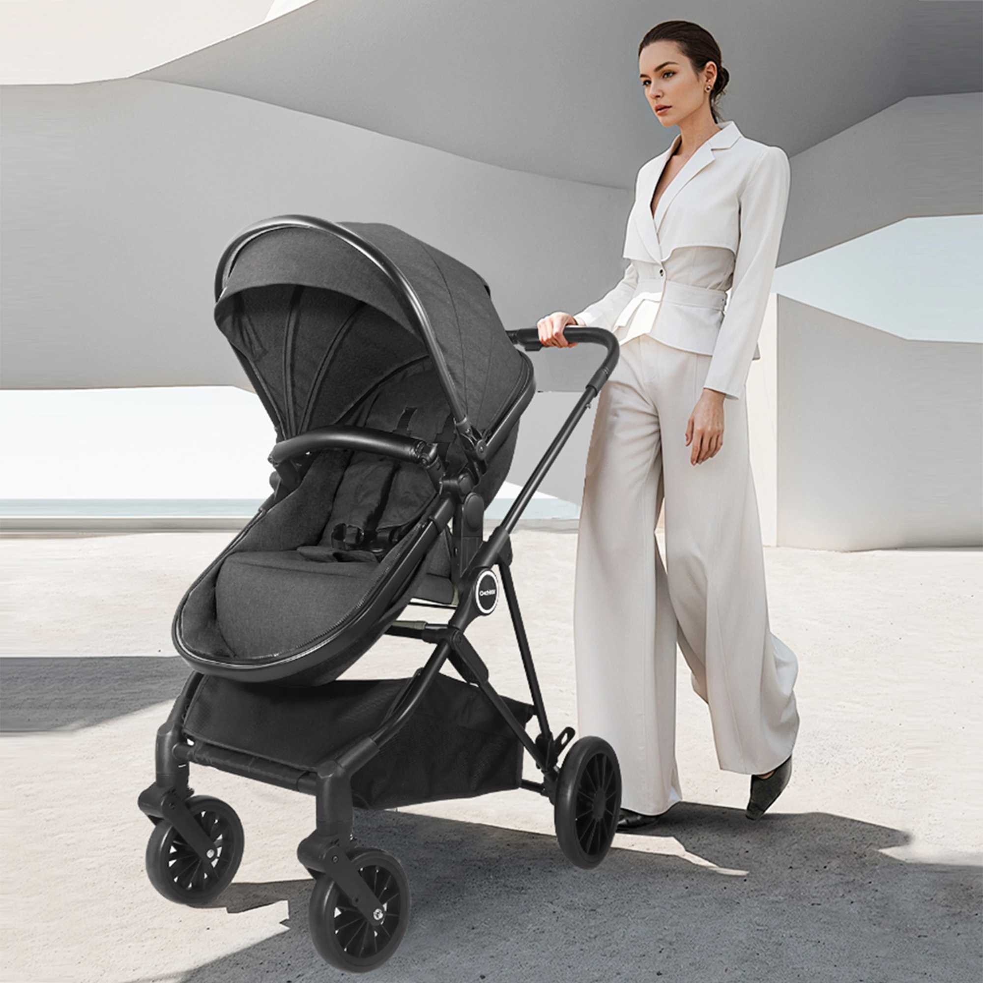 2-in-1 baby stroller foldable high landscape Pram push chair adjustable handle additional storage space seat detachable foot pad Z250319