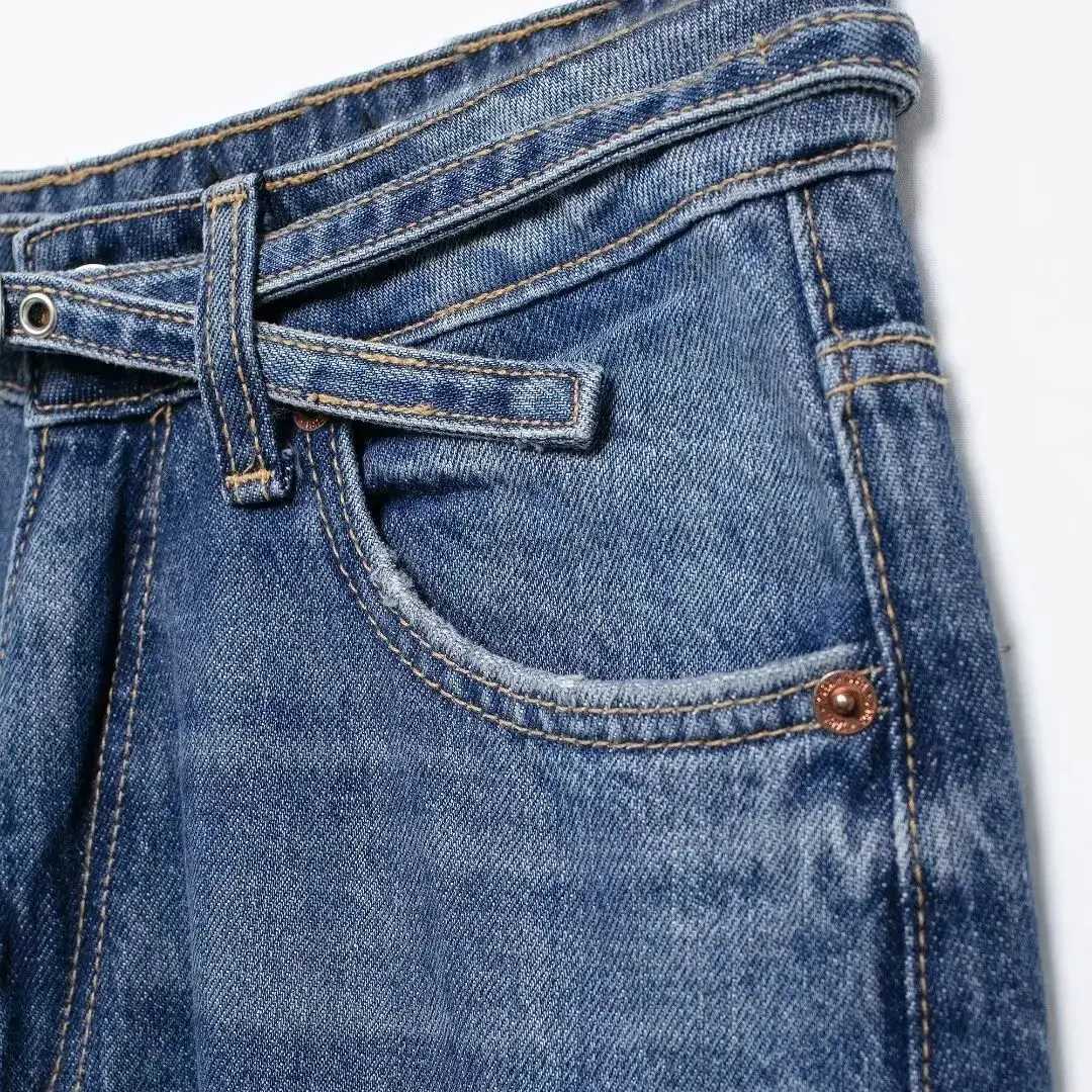Womens Fashion Mens Denim Solid Pants Womens Belt Decoration Mid Waist Balloon Version Zipper Pocket PantsT250319