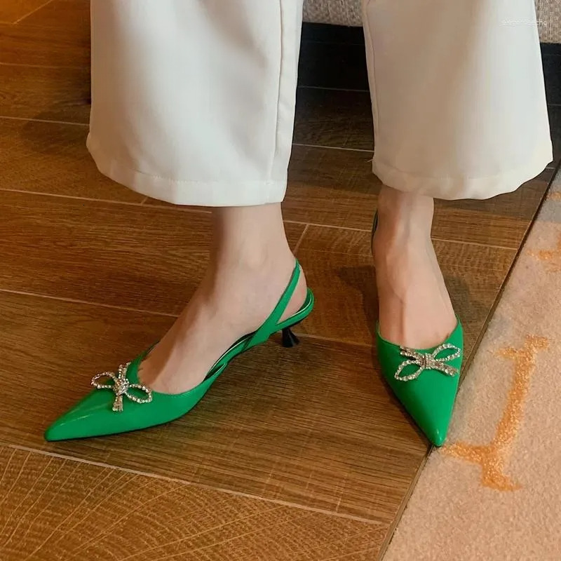 2025 S Fashion Designer Sandals Elastic Back Strap Women High Heel Shoes Ladies Elegant Office Pumps Summer Crystal Slippers Bow Loafers