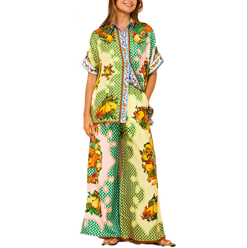 2025 style commuting printed color blocked short sleeved shirt, wide leg pants, spring women's suit