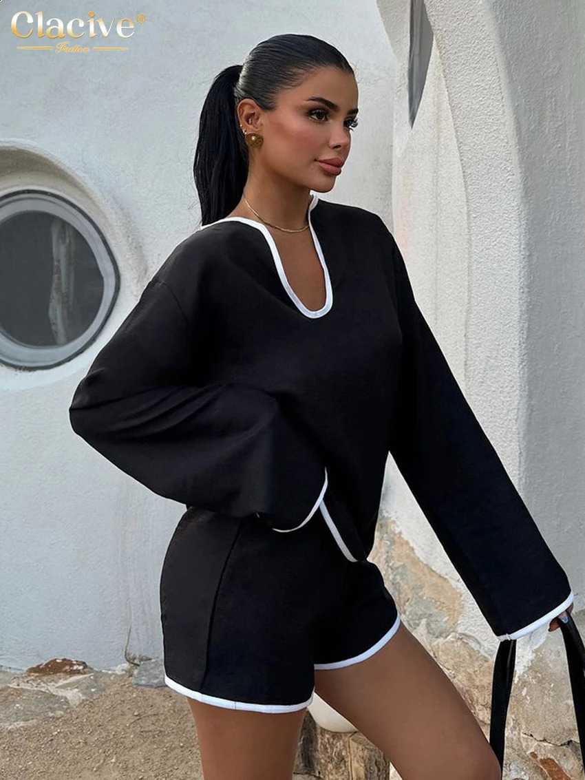 Clacive Fashion Loose Blue Cotton 2 Piece Sets Women Outfit Elegant Long Sleeve Shirt With High Waist Shorts Set Female 250319