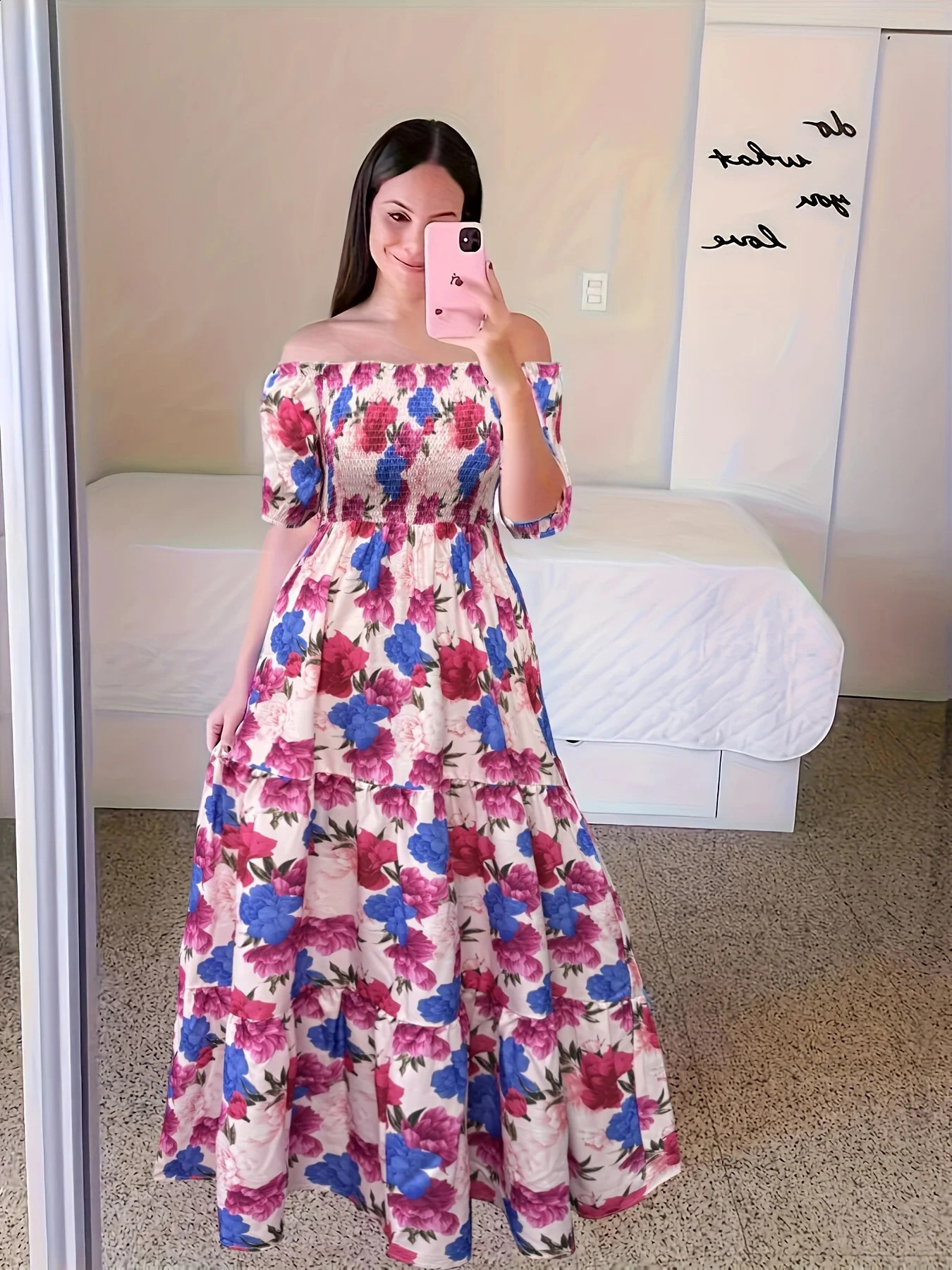 An elegant and fashionable printed single shoulder long dress in plus size for spring summer especially suitable outdoor gatherings 250319
