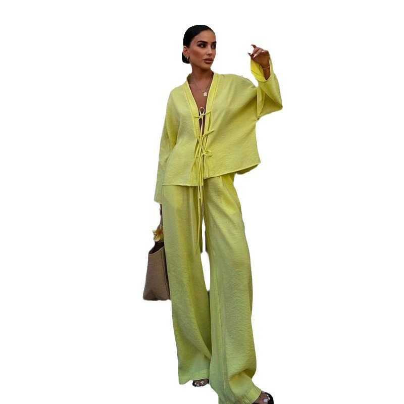 Fashionable and high-end lace up shirt and pants set for women summer new casual two-piece set 250315