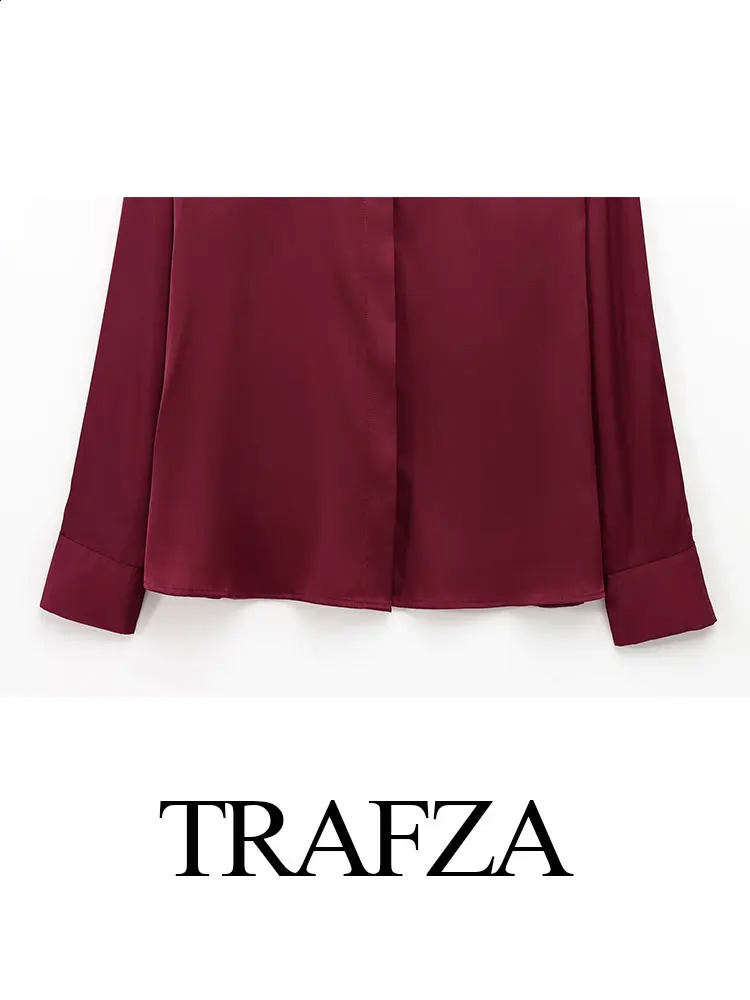TRAFZA Womens 2025 Spring Elegant Silk Satin Wine Red Shirt Long Sleeve Solid Collar Metal Chest Office Fashion 250319