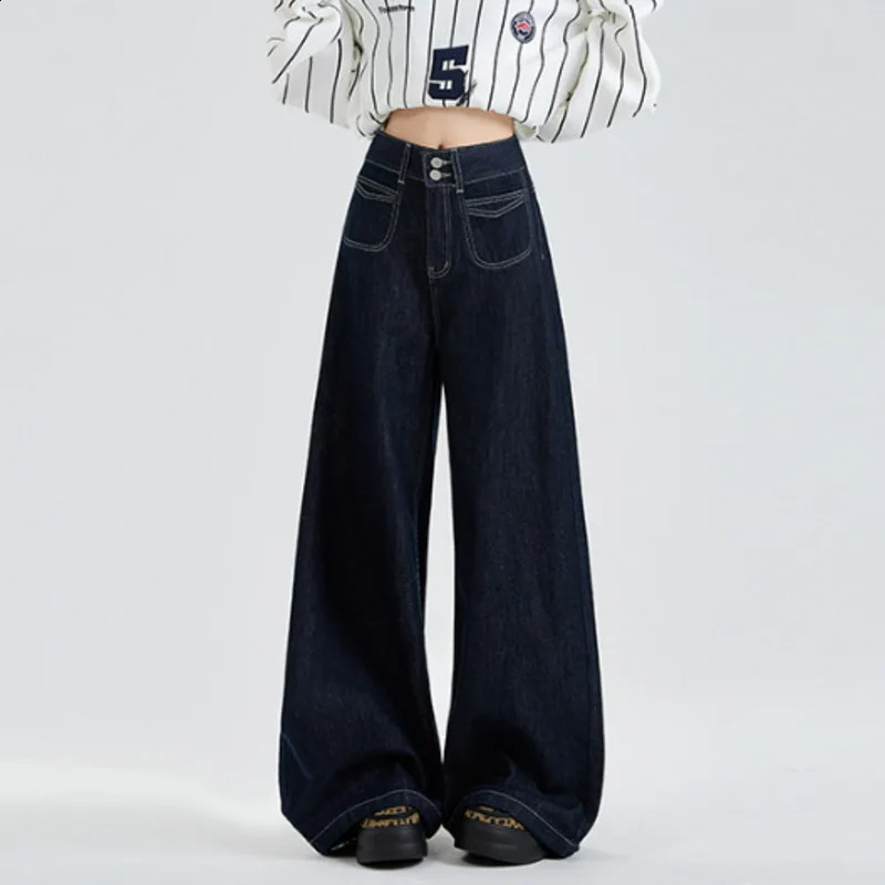 Wxw2050 autumn and winter wool jeans warm thick long high waist wide legs loose straight womens blue streetwear 250317