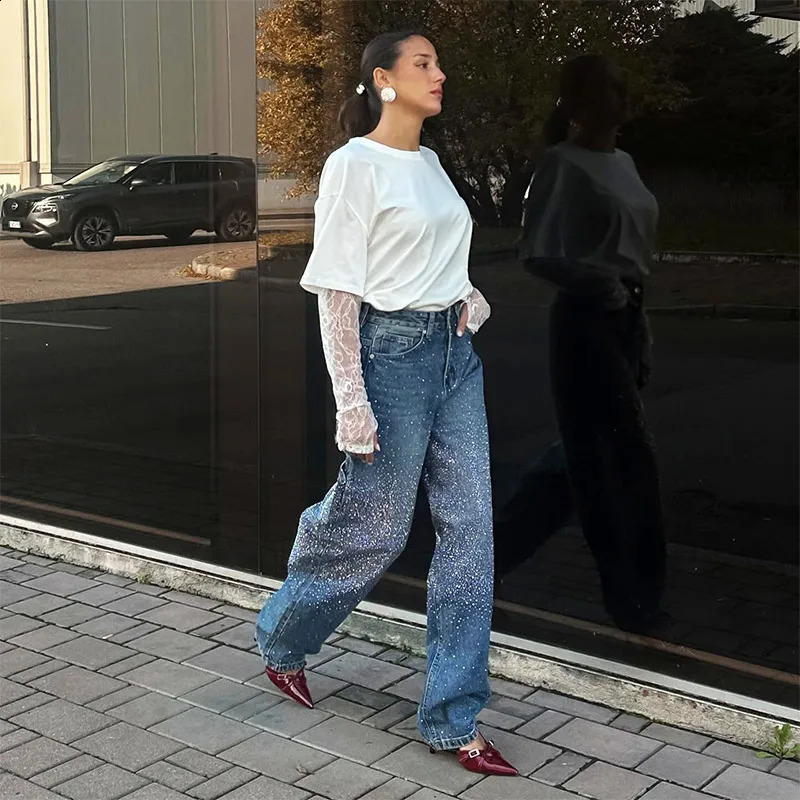 Gradient blue womens jeans with rhinestone n button high waiting for casual straight through fashion spring outfit Trouser 250317