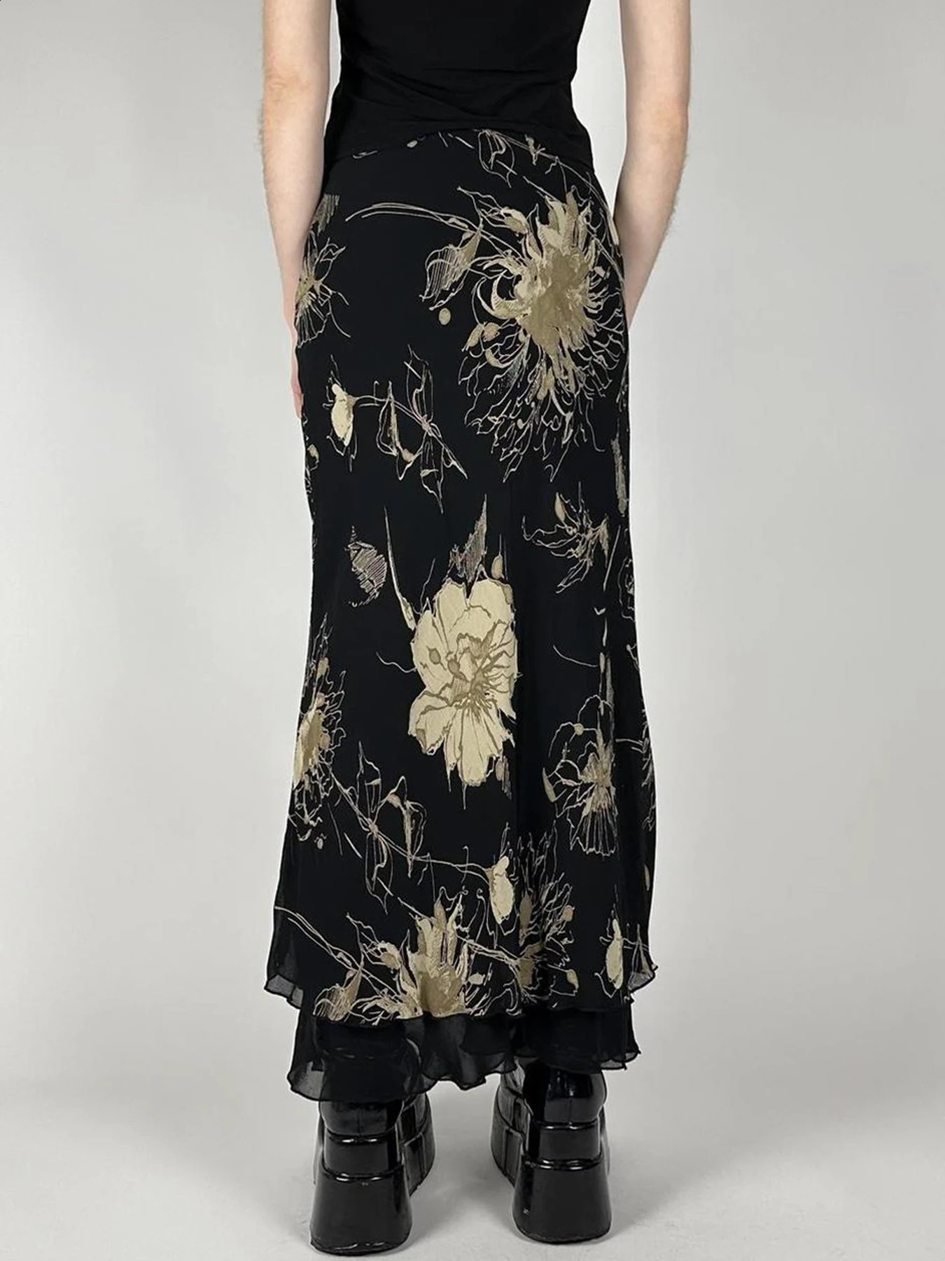 IAMSURE Vintage Floral Mesh Straight Skirt Casual Slim Mid-Waisted Maxi Skirts Women 2024 Summer Spring Fashion Streetwear Lady 250313