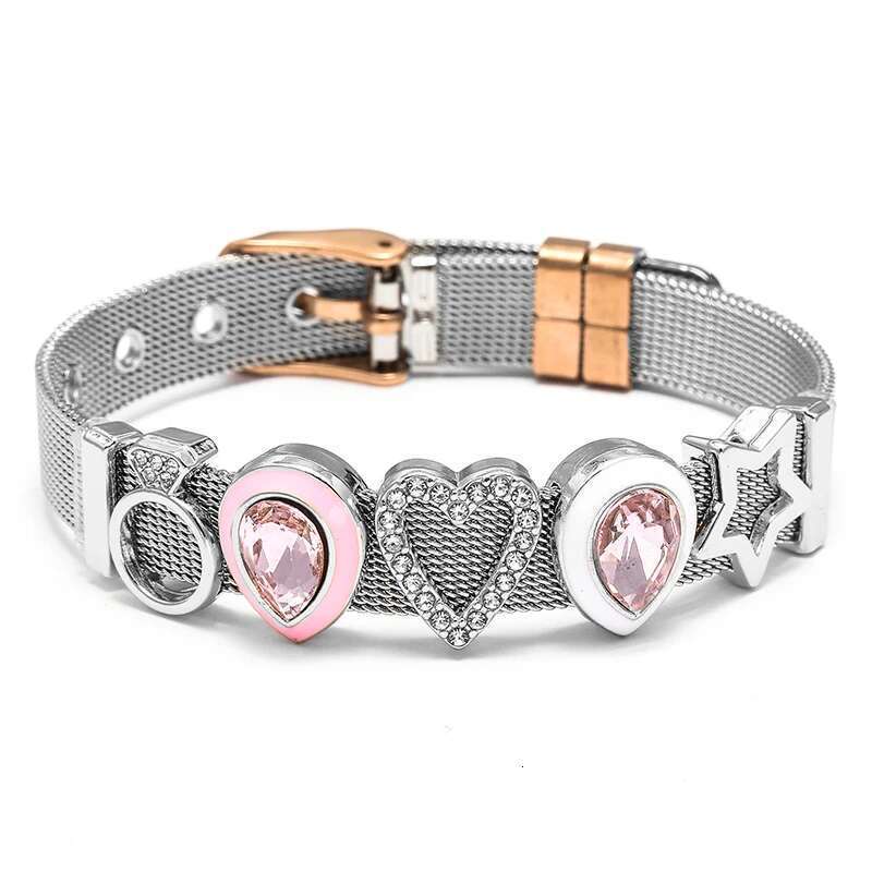 Crystal Heart Crown Beads 10mm Stainless Steel Mesh Bracelets Charm Keeper Bracelets Bangles For Women Mother Fashion Jewelry
