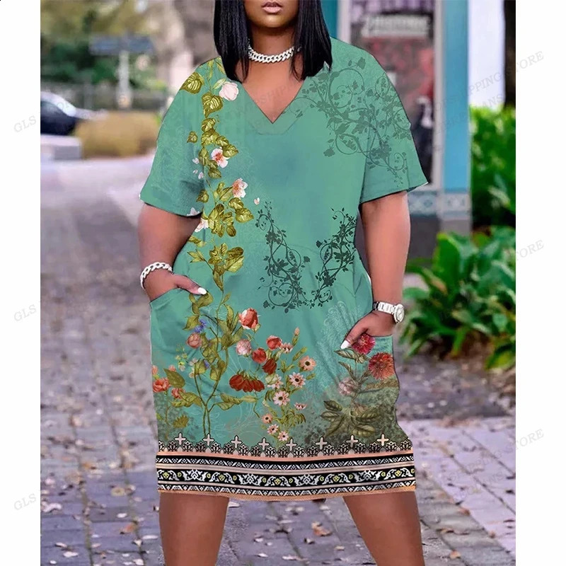 Summer fashion 3D printed dress elegant plus size womens evening casual Vneck short sleeved family pocket 250319