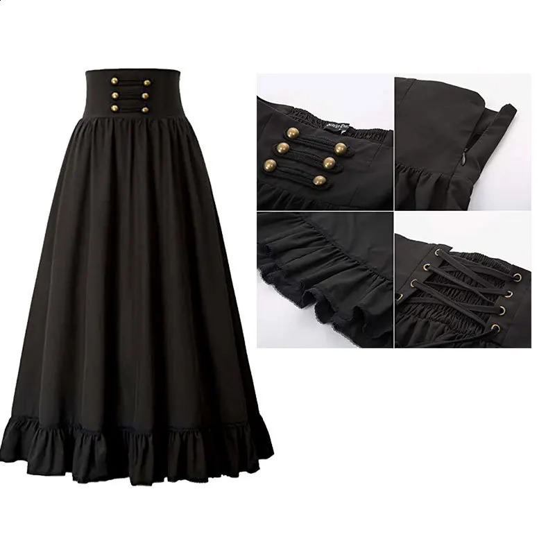 Women Maxi Skirt Vintage Summer High Waist A Line Victorian Long Skirt Steampunk Gothic Ruffled Hem Pleated Party Skirts 250313