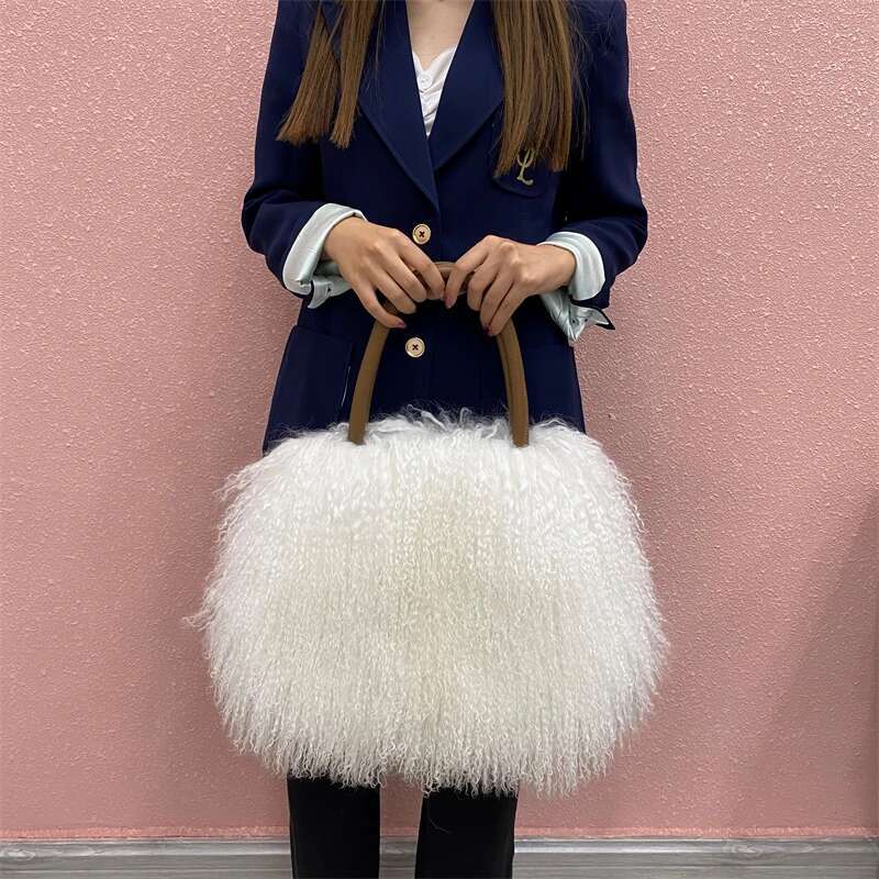 Factory Wholesale New Fashion Design Real Mongolian Lamb Sheep Fur Shoulder Bag