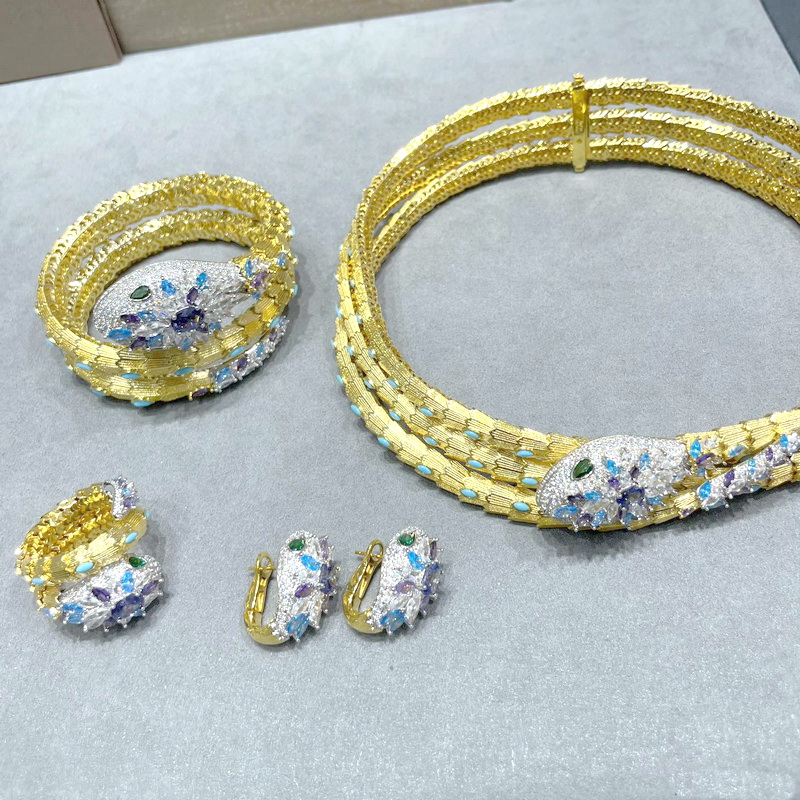 Designer Collection Style Three Layer Ring Earrings Bracelet Necklace Inlay Colored Zircon Diamond Plated Gold Snake Serpent Dinner Party Choker Jewelry Sets