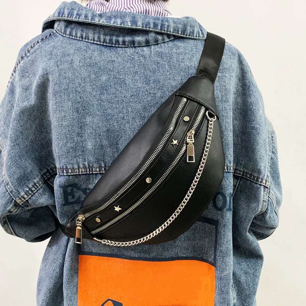 body for Cross women 2025 new PU waist punk chain rivet chest bag, fashionable and trendy women's bag , 's