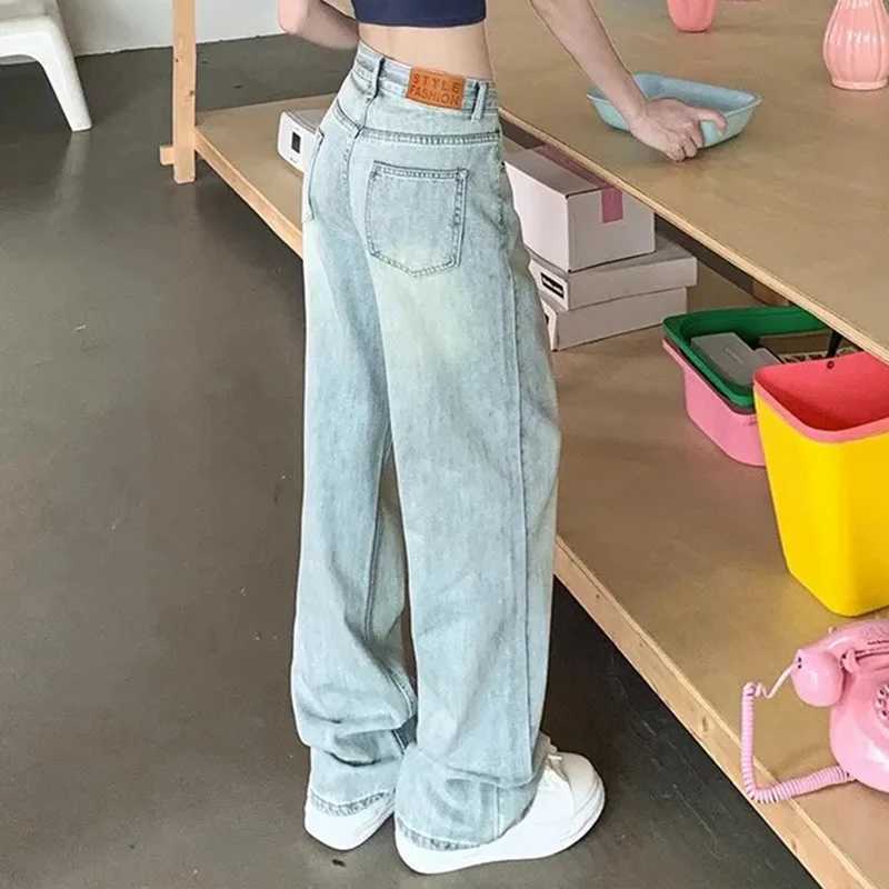 INS Distress Washed High Waist Loose Straight Leg Jeans Fashion Womens Light Blue Student Straight Leg Trouser Large Size XS-2XLT250319