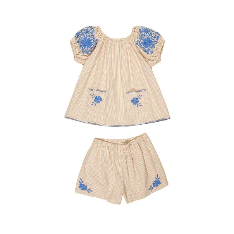 Girls Short-sleeved Top 2025 Summer Fashion Printing Embroidery Girls Short-sleeved Suit Cotton Comfortable Wide Leg Pants 250319