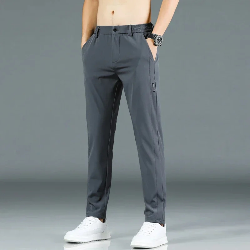 2024 Summer Thin Ice Silk Stretch Mens Pants Casual Elastic Waist Smooth Trouser Pants Male Clothing 5 Colour 250317