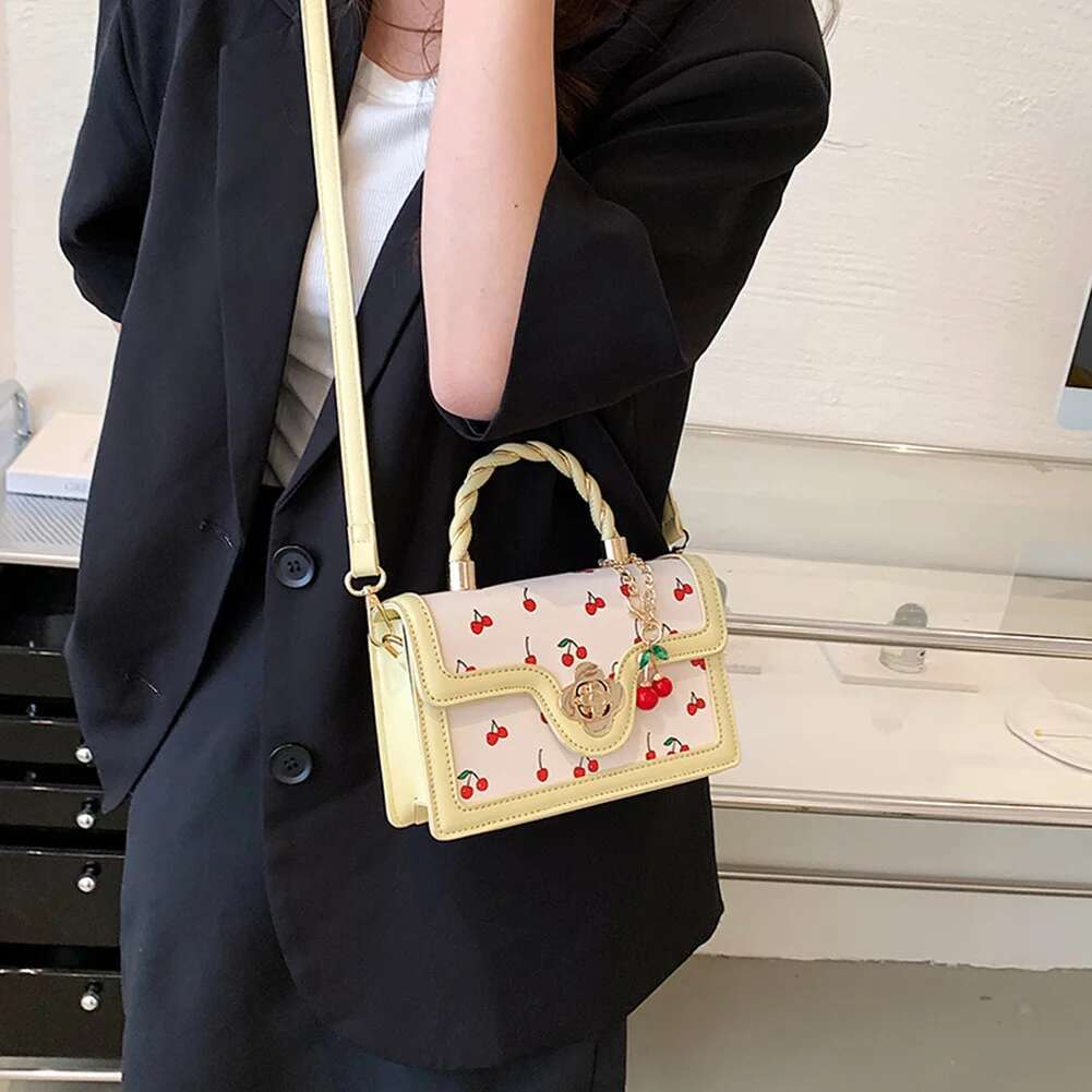 Women Shoulder Adjustable Strap Square Chain Versatile Cherry Pattern Sg Female Daily Commute Bag