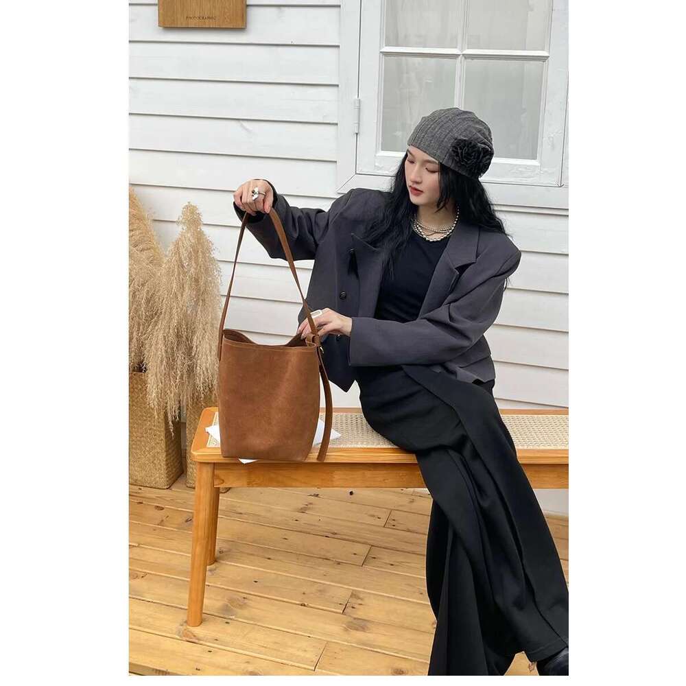 Frosted Cowhide Bucket Women Suede Leather Purses Lazy Style Crossbody Shoulder Winter Large Bag