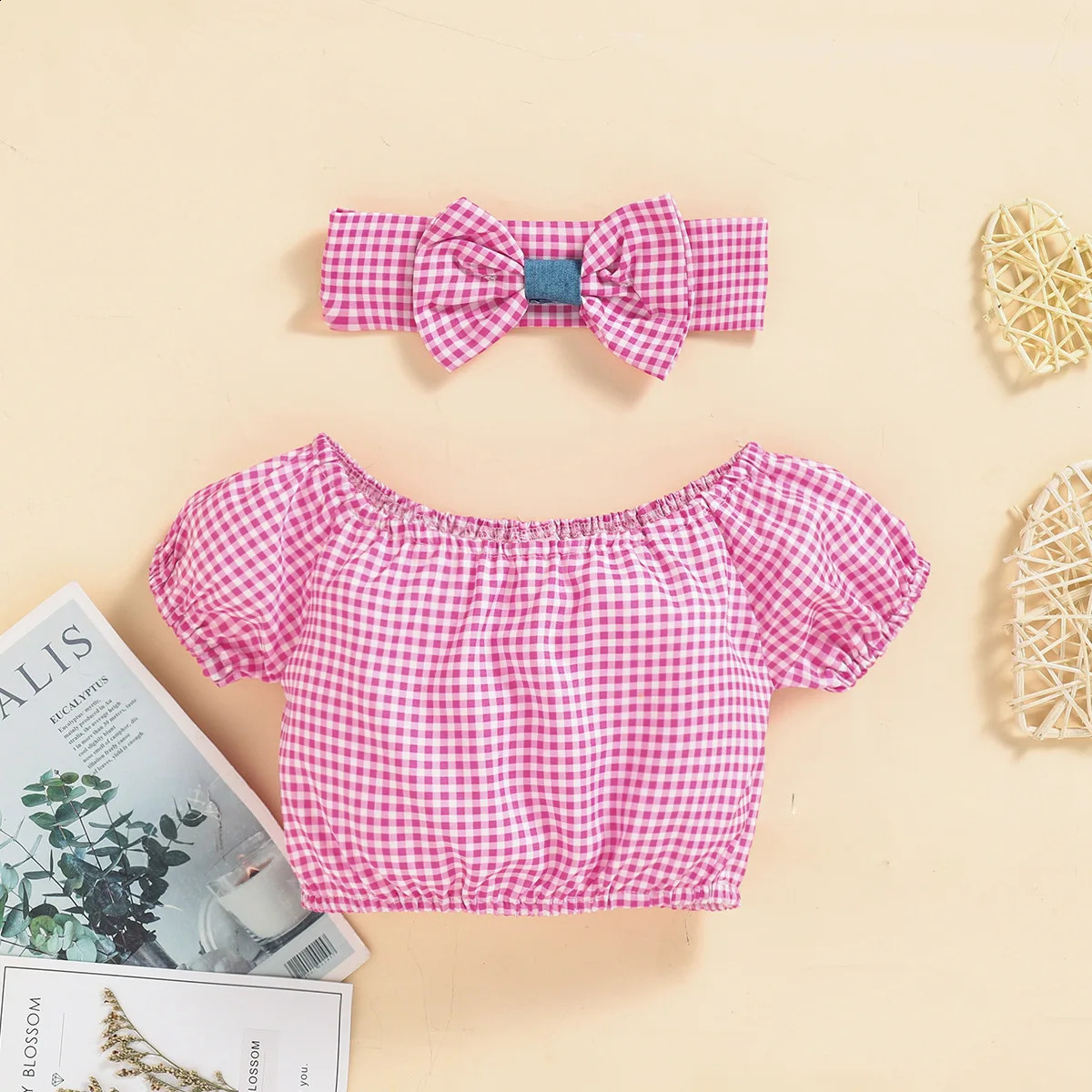 Summer Baby Girl Plaid ShortSleeved Top Denim Triangle Bag Bodysuits Headscarf Romper Clothes ThreePiece Sets 250319