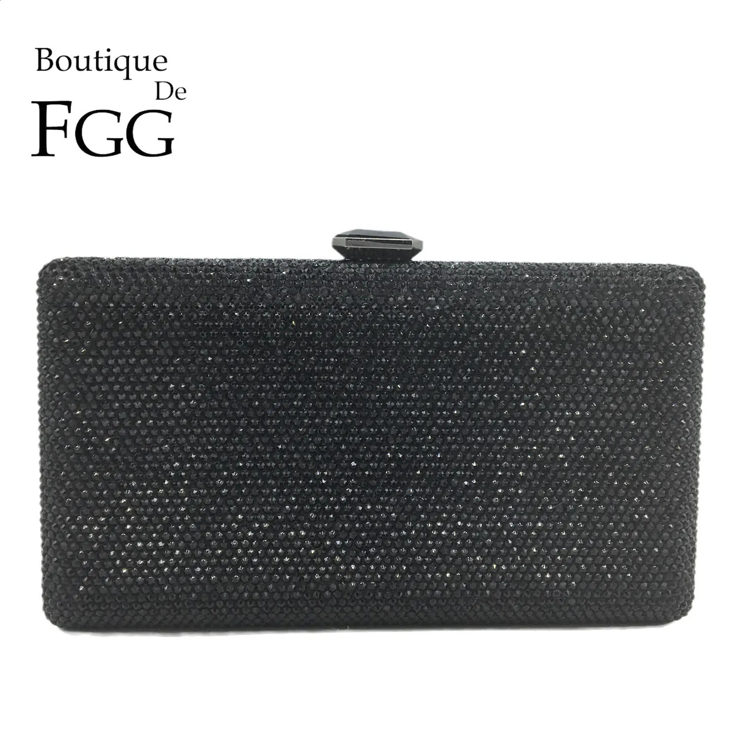 Boutique De FGG Women Black Crystal Clutch Evening Bags Wedding Bridal Rhinestone Box Handbags Party Dinner Diamond Clutch Purse 250314