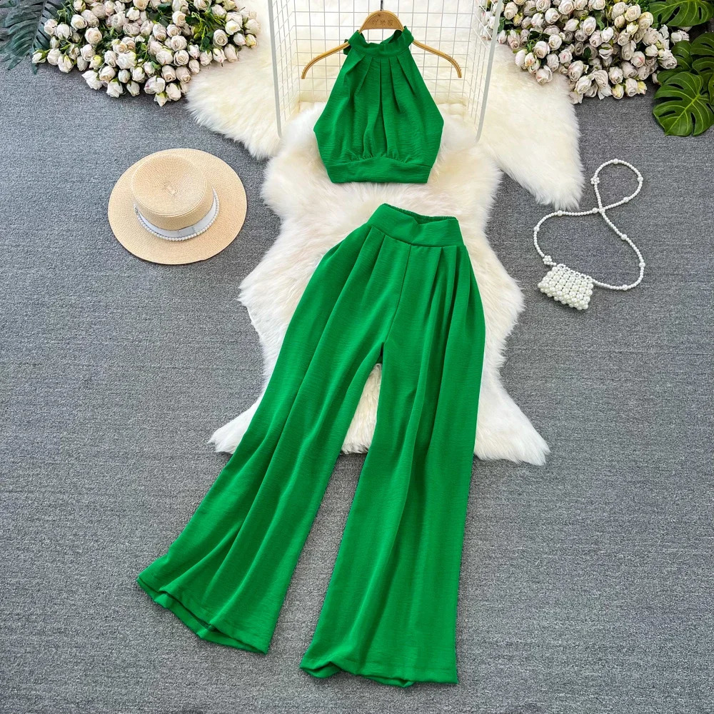 Green/Black/Red Summer Two Piece Set Women Sexy Strap Short Tops High Waist Wide Leg Pants Female Suit 250318