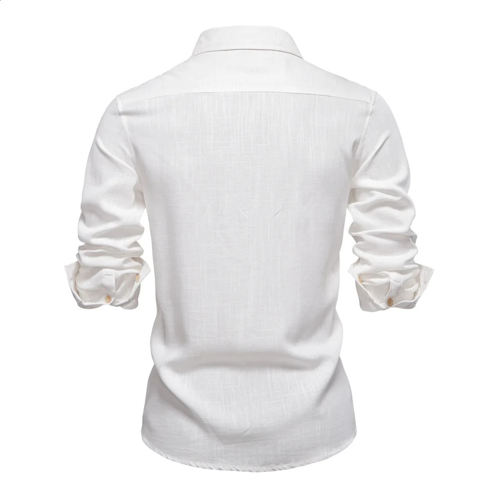 2025 Mens Solid Color Linen Long Sleeve Shirt - Casual Button-Down Collar Shirt for Men 250313