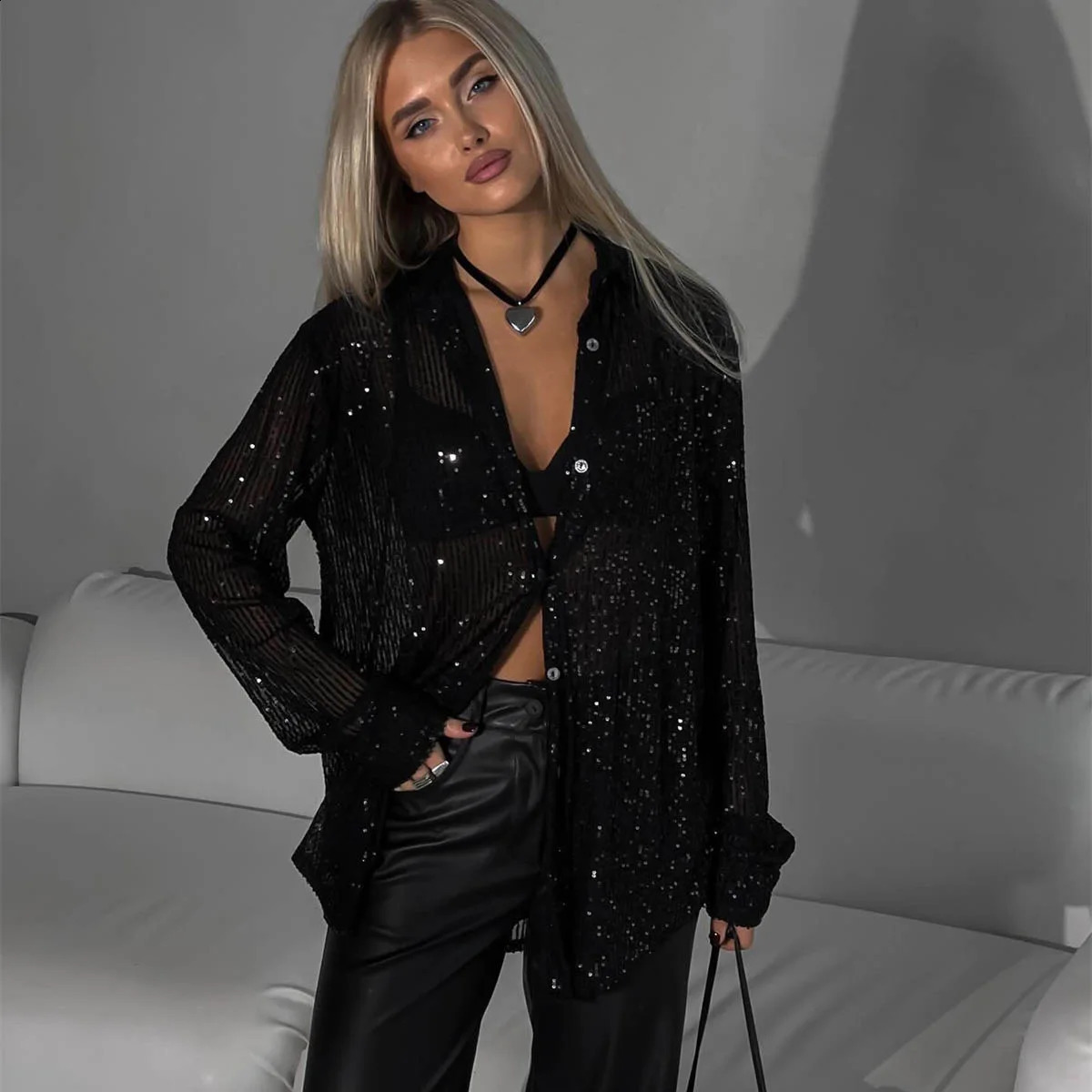 Spring Womens Shirt Shiny Sigle Breasted Button Long Sleeve Party Collar Street Clothing 250318
