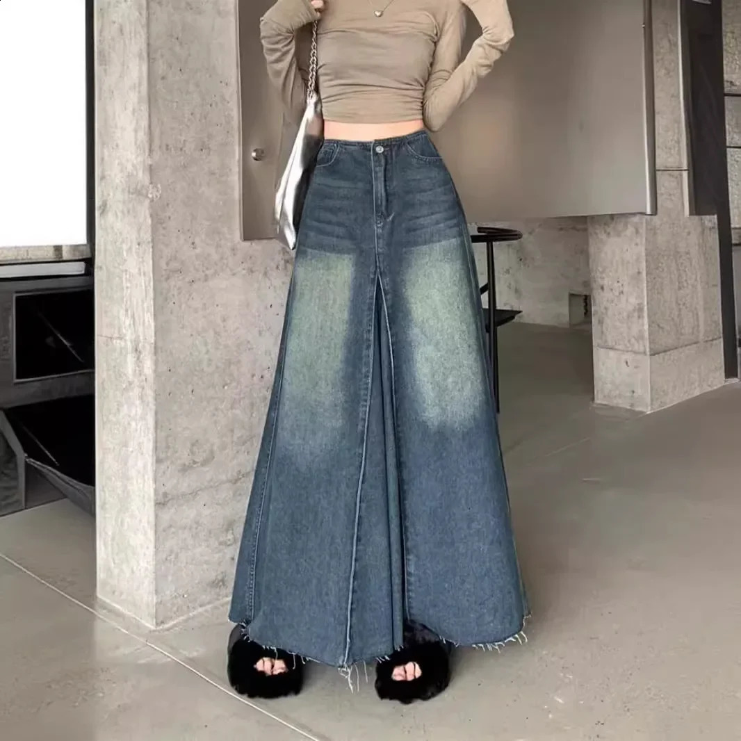 Retro washed denim tight fitting womens high waist weight loss A-line long skirt patch work style spring season arrival 250317