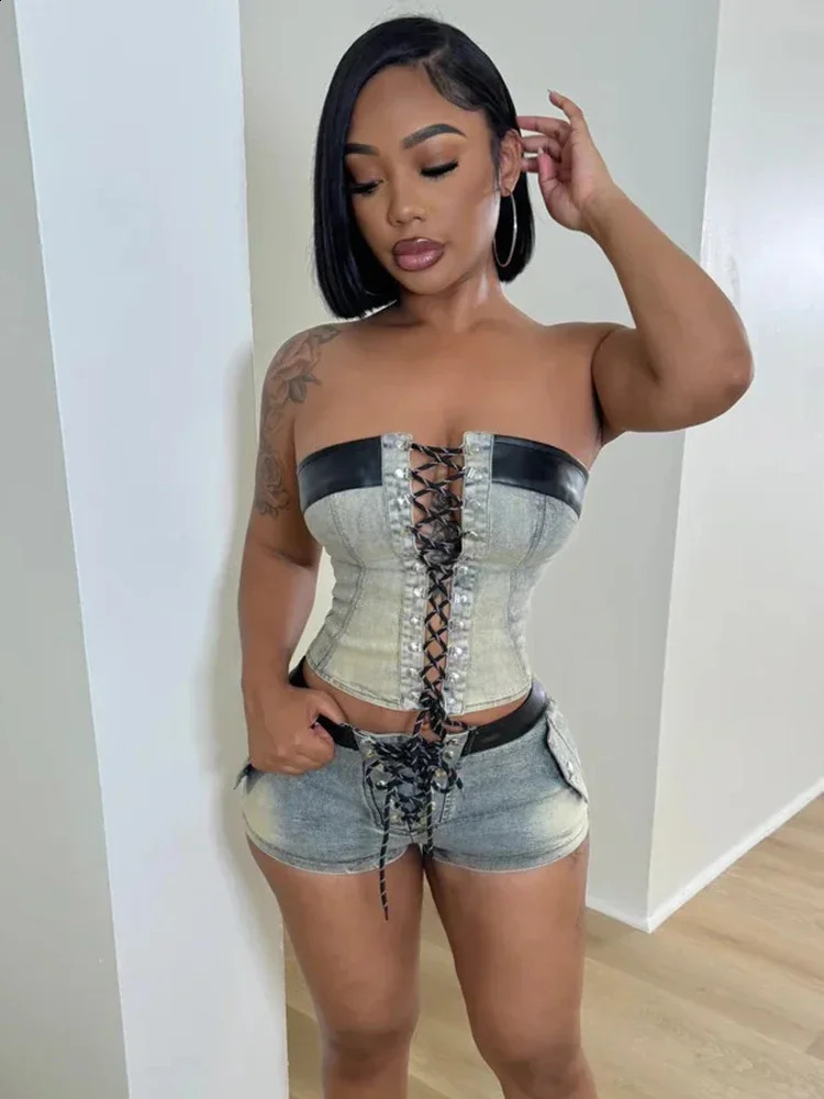 Leosoxs Denim Summer 2 Piece Set Women Leather Edging Vintage Y2K Shirring Strapless TopsShorts Hipster Summer Matching Suit 250319