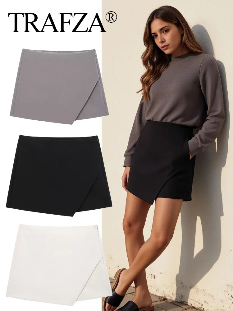 TRAFZA Fashion Women Asymmetric Mini Shorts Skirts 2025 High Waist Pockets Office Lady Shorts Elegant Soild Shorts Skirts 250318
