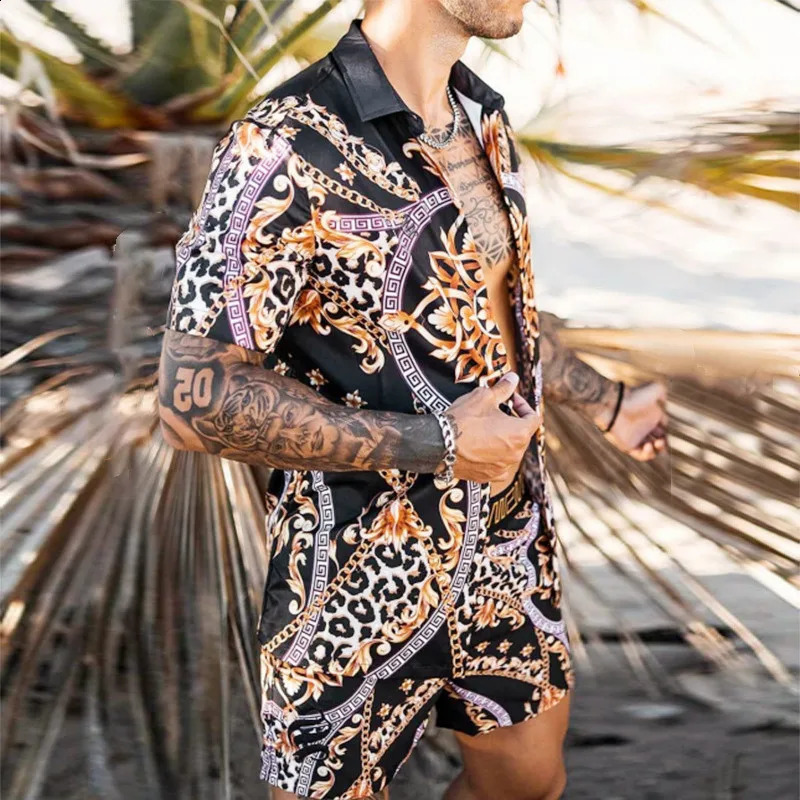 Summer floral print short sleeved beach shorts two sets for casual vacation mens casual 2-piece set 250317