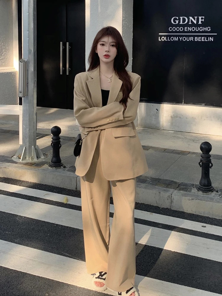 professional twopiece womens fashion Korean loose long sleeved jackethigh waist wide leg pants set for office ladies 250319