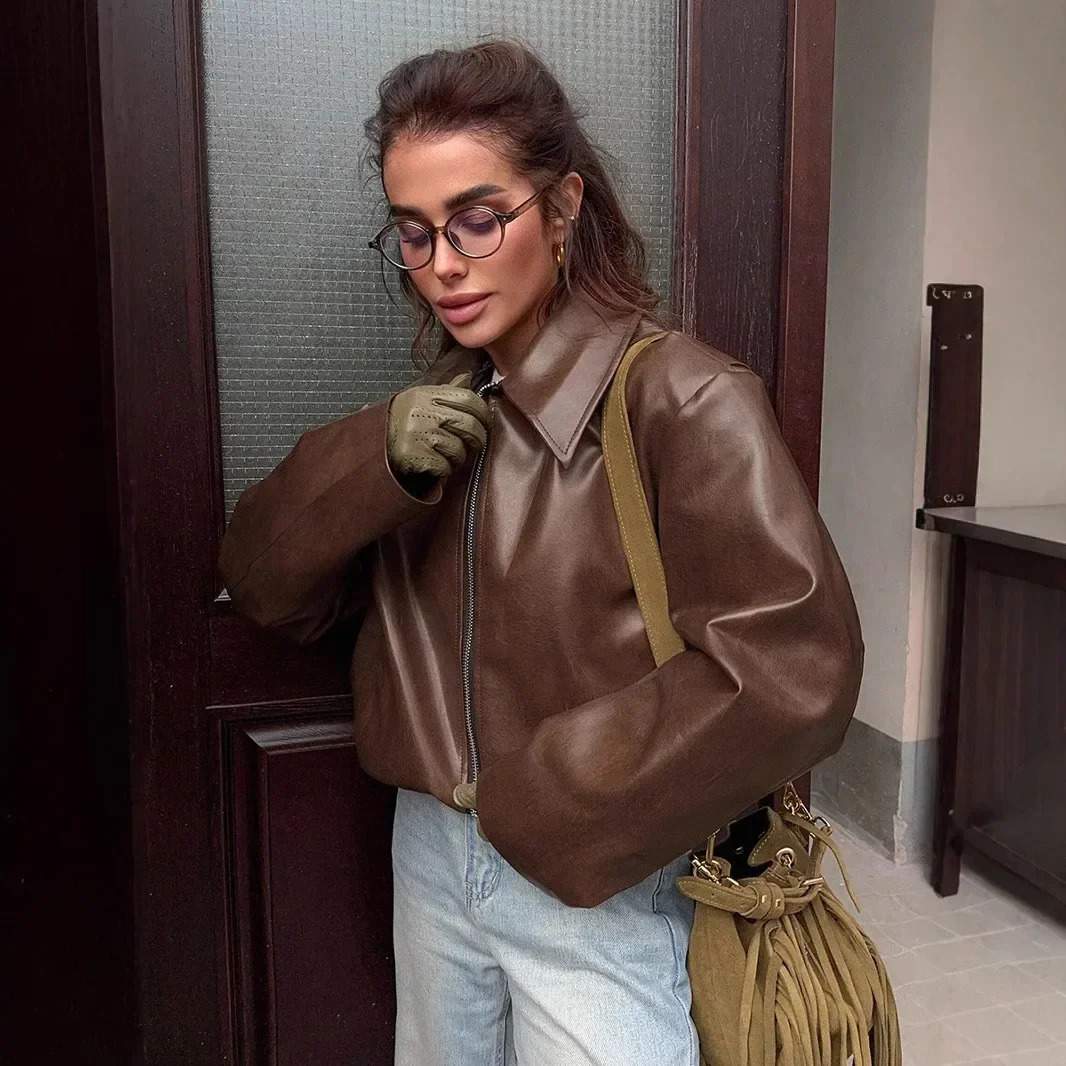 Yaminiya Spring Summer Women Jackets Fashion Lapel Zipper Long Sleeve Female Coats Lady Street Outwear Burgundy Leather 2024 250319