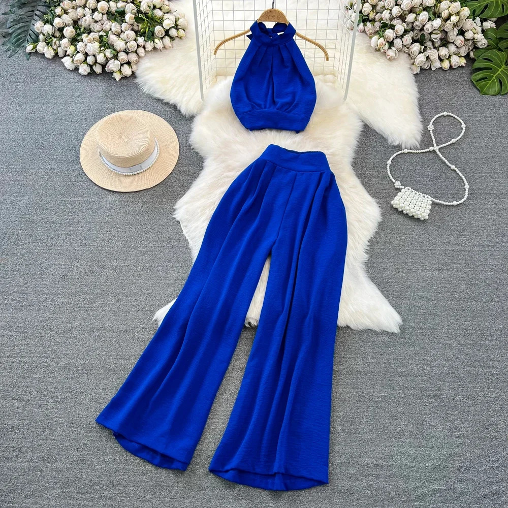 Green/Black/Red Summer Two Piece Set Women Sexy Strap Short Tops High Waist Wide Leg Pants Female Suit 250318