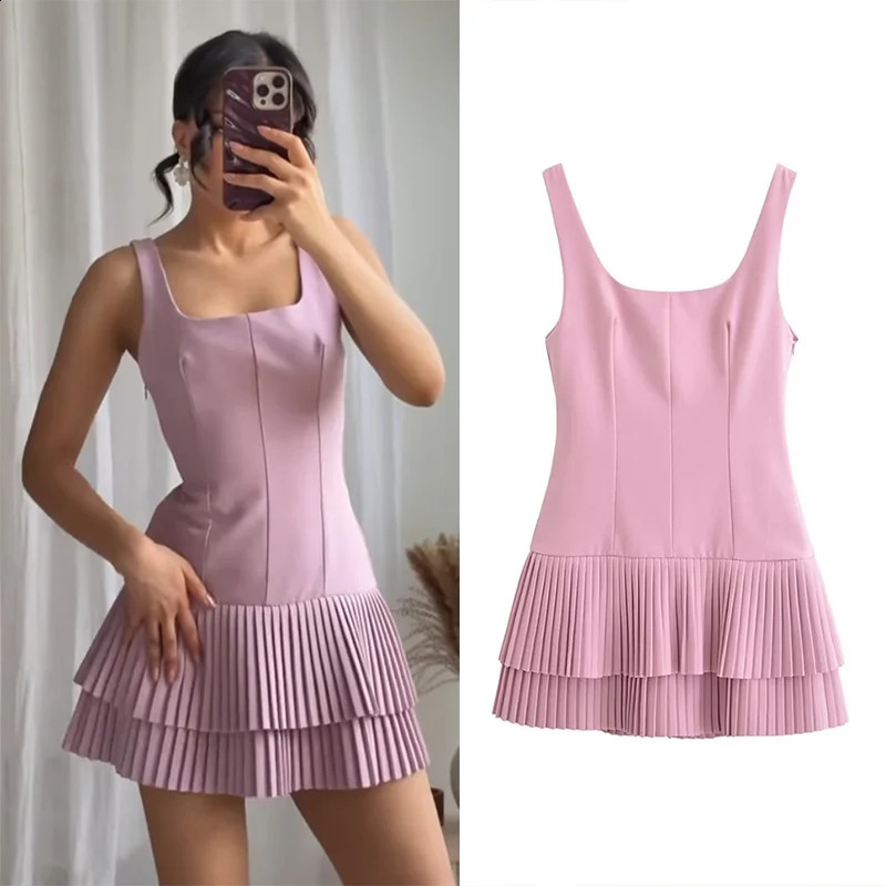 Womens sexy party chic sleeveless Cami dress solid pink zipper mini skirt fashion 2025 summer vest 250319