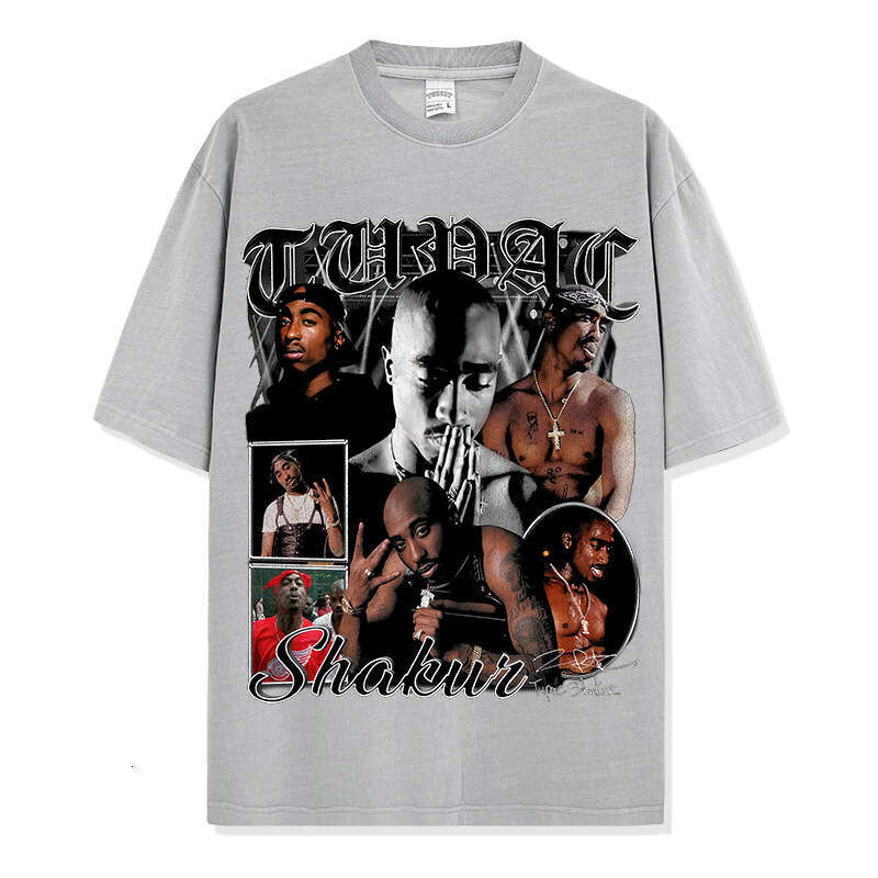 American Hip-Hop Tupac Printed Short Sleeved T-Shirt Vintage Washed Loose Neckline Ins