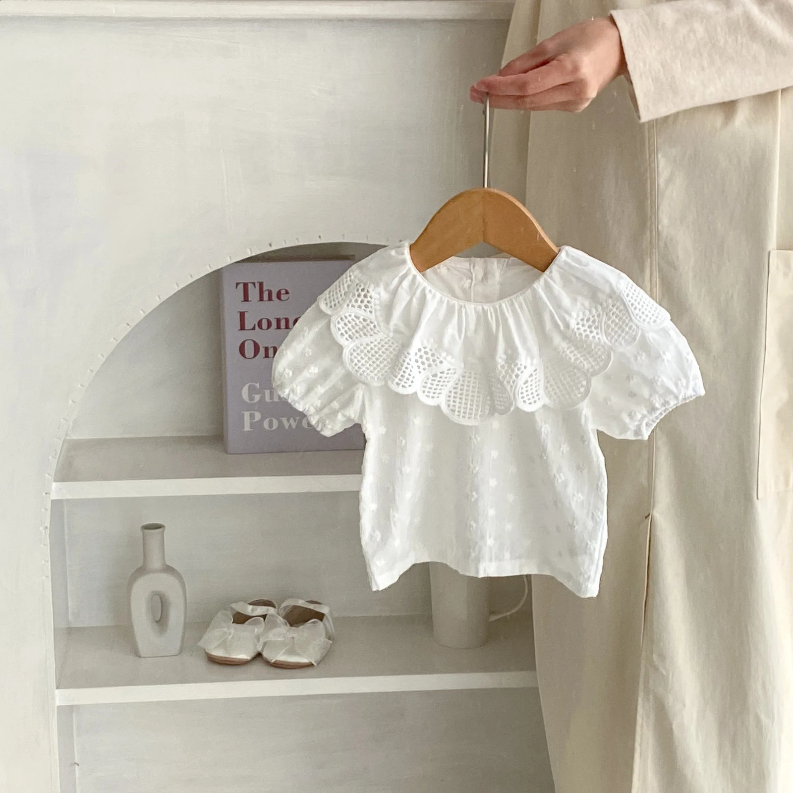 Summer Baby Girl Trend Sweet All Solid Color Large Lace Collar Embroidered Small Flower Bubble Short Sleeve Shirt Bottom 250319