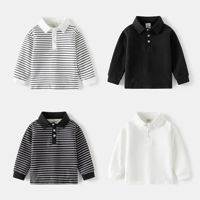 Long Sleeve Polo Shirts for Boys Spring Autumn Children Cotton Full Sleeve Shirt Black White Striped Classic Tops Baby Clothes 250319